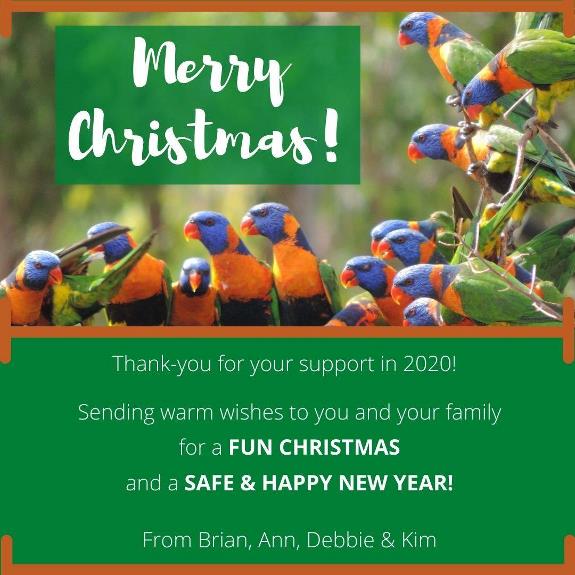 May be an image of text that says 'Merry Christmas! Thank-you for your support in 2020! Sending warm wishes to you and your family for a FUN CHRISTMAS and a SAFE & HAPPY NEW YEAR! From Brian, Ann, Debbie & Kim'